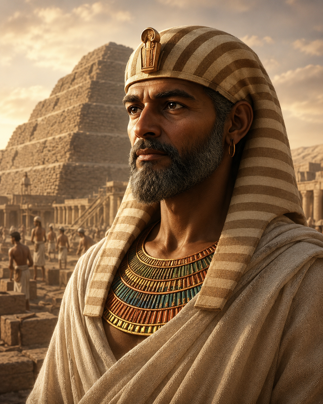 Imhotep before the Step Pyramid of Djoser at Saqqara in ancient Egypt