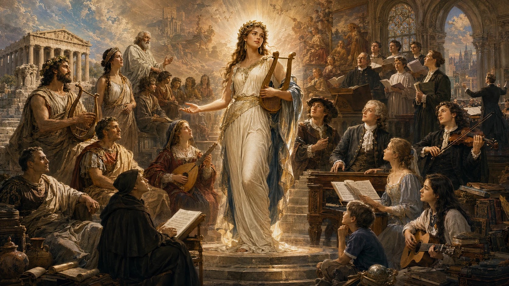 Allegorical image of Mousikê and the foundations of Western music in ancient Greece